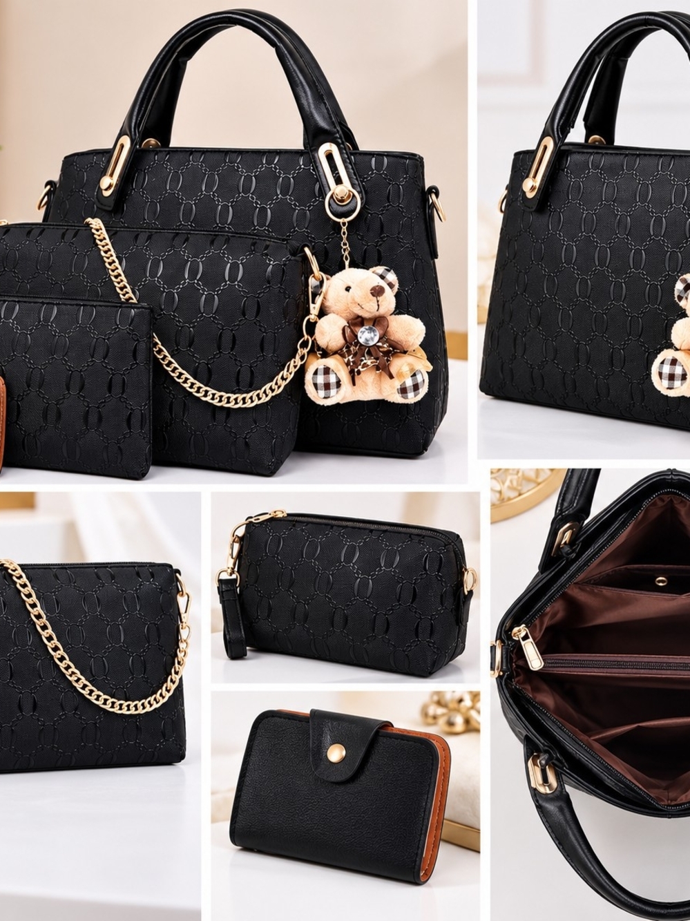 Classic Black Quilted Tote Handbag Set with Gold Hardware